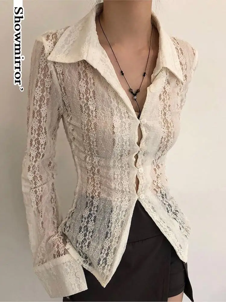 

Vintage white Lace Women Blouse See Through Turn-down Collar tee shirt Elegant long Sleeve T-shirt Slim Fit Buttons Sexy Tops