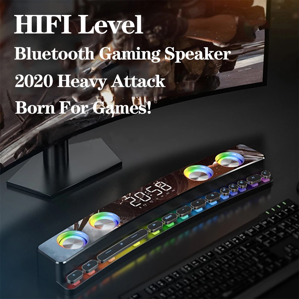 3600mAh Bluetooth Wireless Game Speaker Soundbar USB 3D Stereo Subwoofer AUX FM Home Clock Sound Bar Computer Loudspeaker New