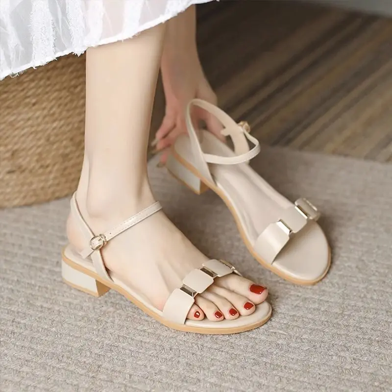 Summer 2023 New Sandals Flat bottoms Versatile thick heels Breathable fashion temperament One word Caligae Simple women's shoes