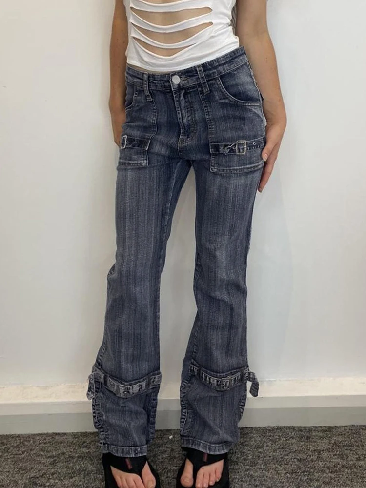 

WeiYao Washed Stripe Y2K Low Rise Jeans Woman Front Back Functional Buckles Pockets Streetwear Denim Cargos Flared Pants 90s