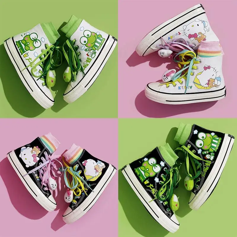

Парусиновые кроссовки Sanrio Keroppi Hello Kitty с мультяшным принтом My Melody, уличная мода, повседневные универсальные кроссовки на плоской подошве, подарки
