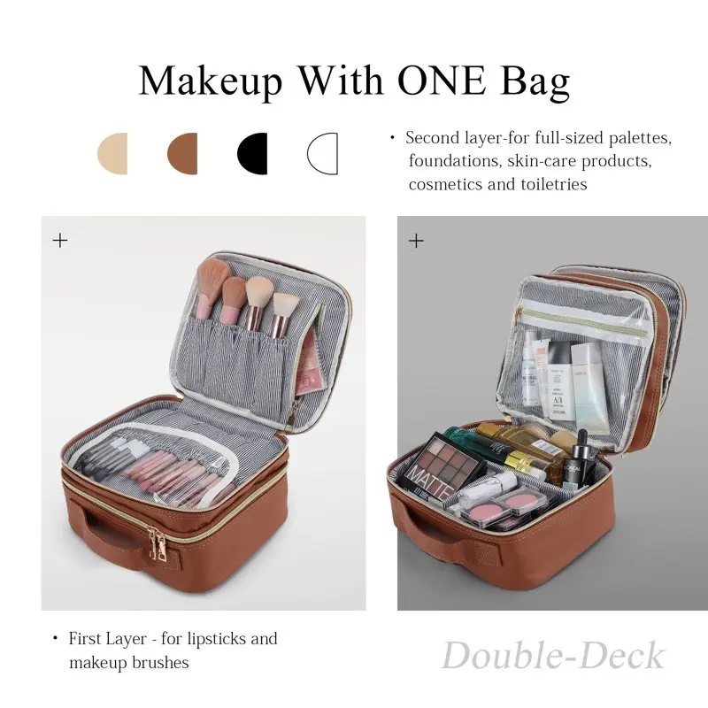 Double Layer Travel Makeup Bag Organizer Large Makeup Case with Dividers Cosmetic Train Case Toiletry Bags