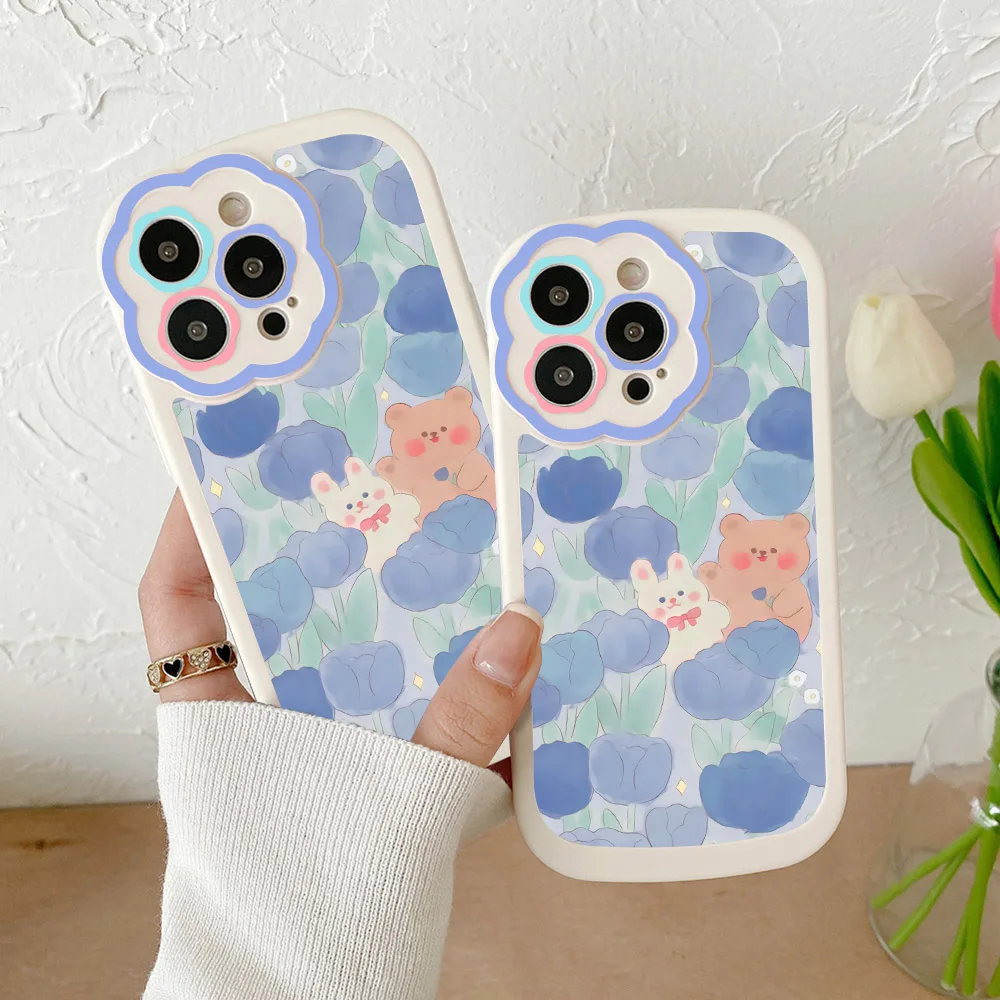 

Korean Cute Bear Flower Phone Case For iPhone 11 12 13 Pro Case For iphone Xs Max XR X 11 12 13 Protective Shockproof Cover Capa