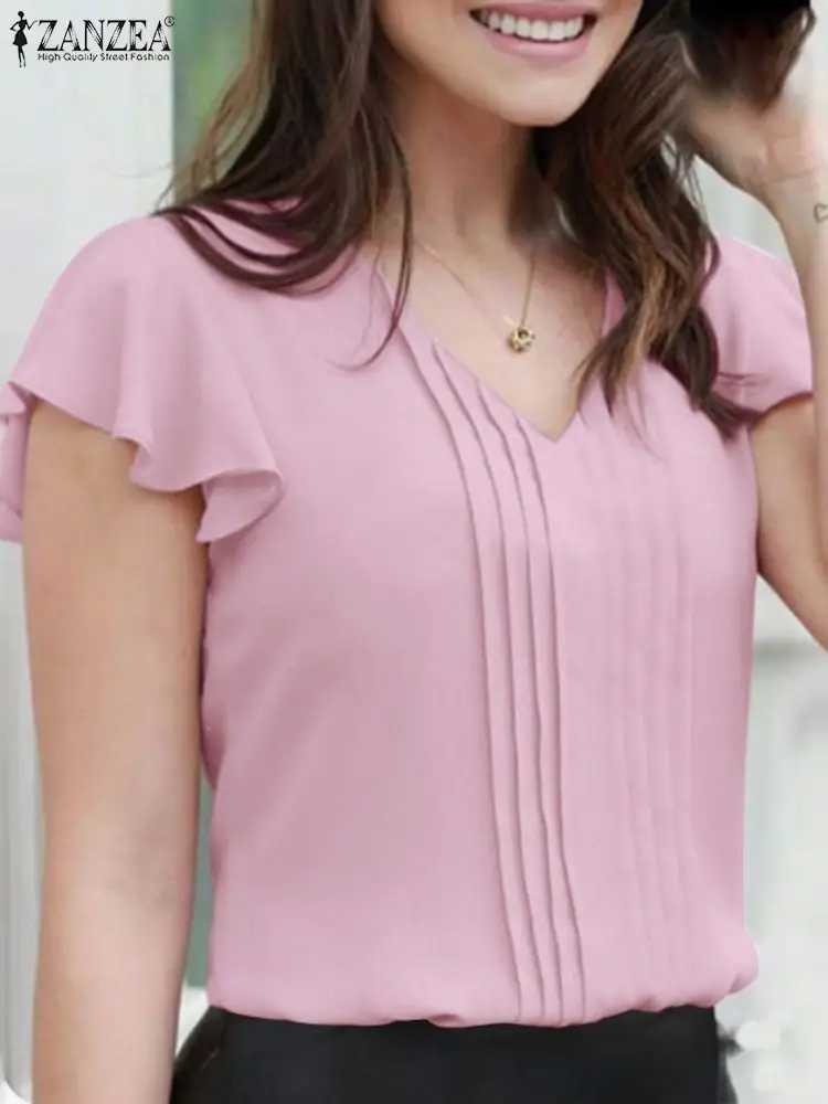 

ZANZEA Women Elegant Ruffles Blouse Summer Short Sleeve V-Neck Blusas Fashion Solid Color Trim Tops Femme OL Work Shirt Oversize
