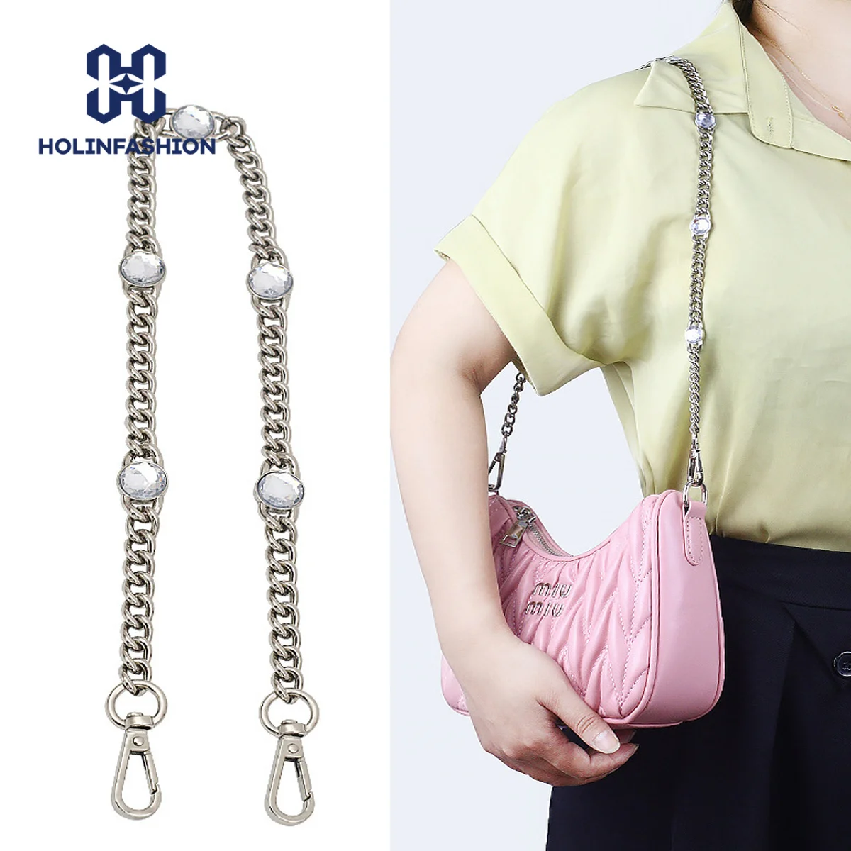 Фото HOLINFASHION Сменная цепочка с кристаллами и драгоценными камнями, маленькая квадратная цепочка с кристаллами для сумки Miu, цепочка для ношения на плече или через плечо. №1