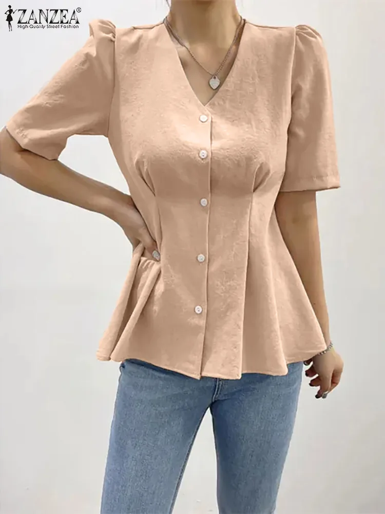 

Fashion Women Pleated Shirts ZANZEA Elegant Puff Sleeve Tops Casual Cotton Blusas Oversized Female Solid Office Lady Streetwears
