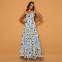 long dress summer flower print casual holiday vacation women clothing sexy hollow bowtie sweet yellow floral maxi dresses 2022