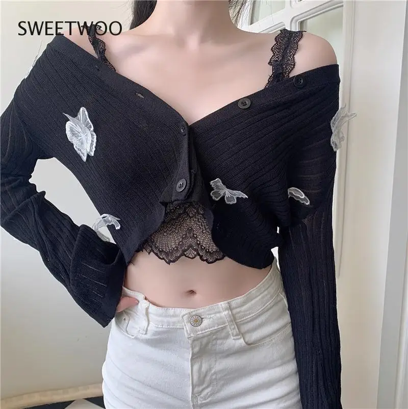 

Butterfly Knit Cardigans Women Korean Sexy V-Neck Fitness Crop Tops Ladies Summer Thin Long Sleeved Sunscreen Jackets Tide 2022