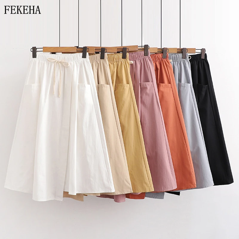 

Women A-Linen Dresses High Elastic Waist Loose Solid Color Long Dress Japan Style Two Pockets Black White Khaki