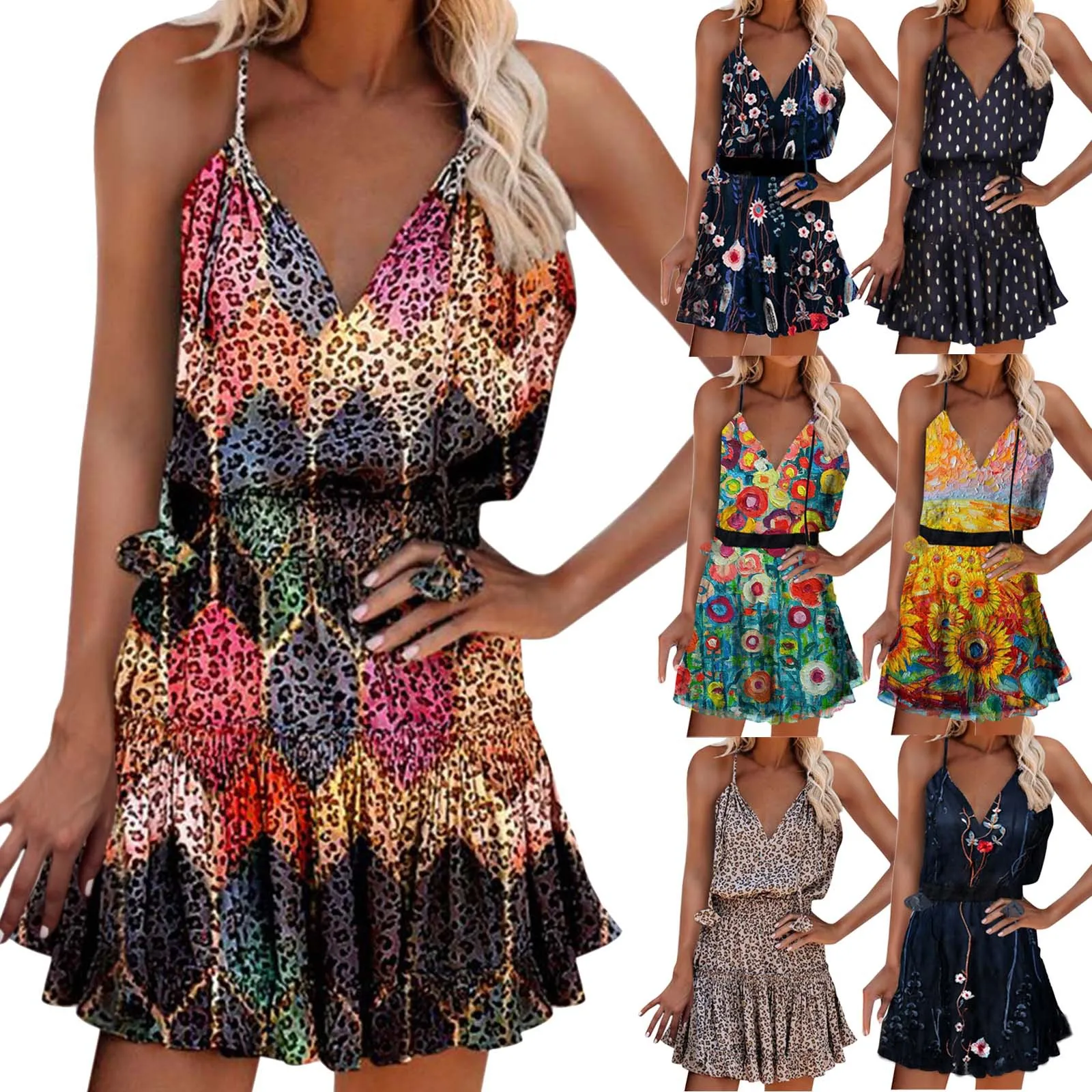 

New 2022 Spring/Summer Women's Fashion Short V-neck Pullover Print Sling Dress