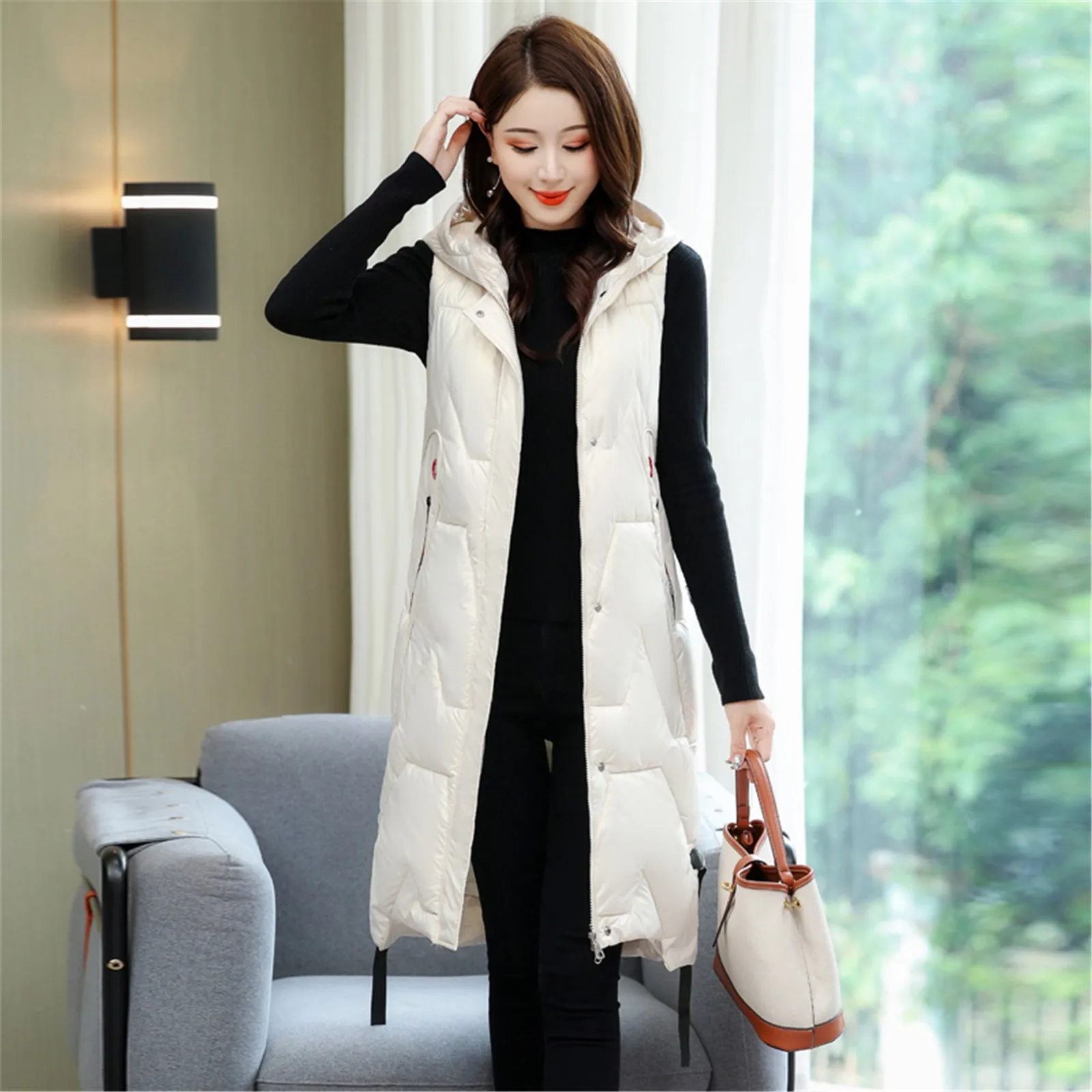 

Long Puffer Vest Women Hoodies Warm Padded Winter Sleeveless Puffy Jackets Zip Up Outerwear Windproof Vests жилетка женская
