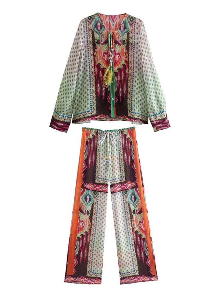 

2 Two Piece Set Women Set Flower Print Long Sleeve Blouse Tops And Pant Suits Sheath Matching Fashion Outfit Spring Autumn