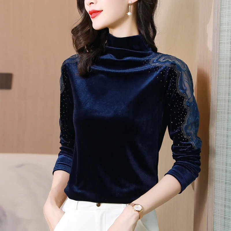 

#6342 Fashion Womens Basic Shirt Sequines Mesh Elegant Slim Turtleneck T-shirts Women Ladies Female Vintage Winter Top Tee Lady