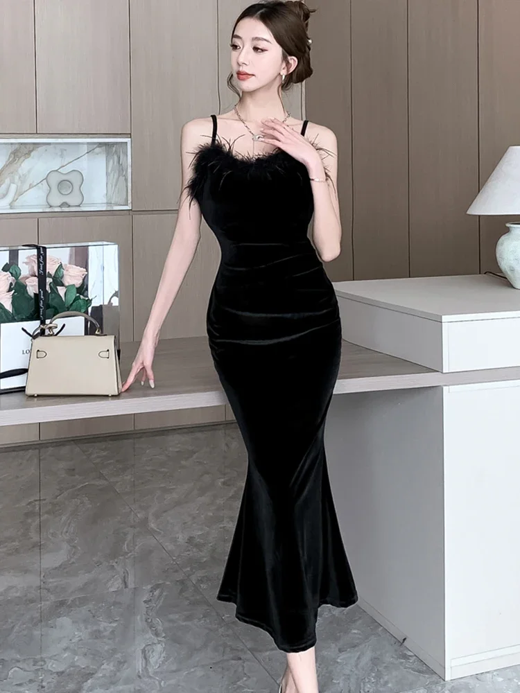 2024 Красное бархатное шикарное сексуальное длинное платье на бретельках с