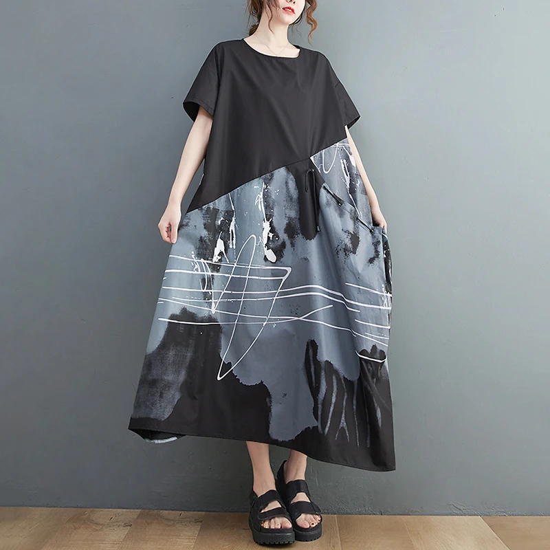 

Женское винтажное платье на шнуровке, Черное Длинное свободное Повседневное платье с коротким рукавом, Элегантная Модная одежда в стиле пэ...