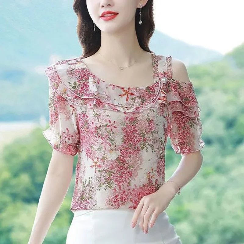 

Fashion Printed Spliced Ruffles Off Shoulder Floral Blouse Women's Clothing Summer New Casual Pullovers Office Lady Shirt D101