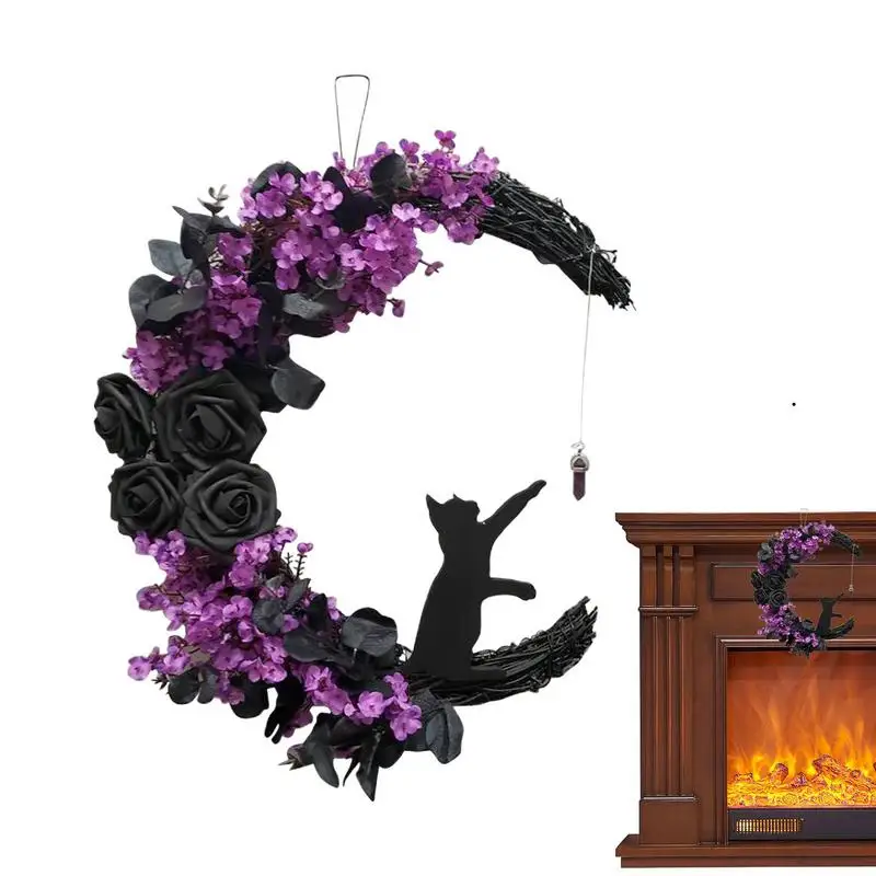

Венок в виде Луны, черная кошка, Настенный декор, знак приветствия, готические розы, черная кошка, гирлянда, украшение на переднюю дверь, Хэллоуин, подвесные аксессуары