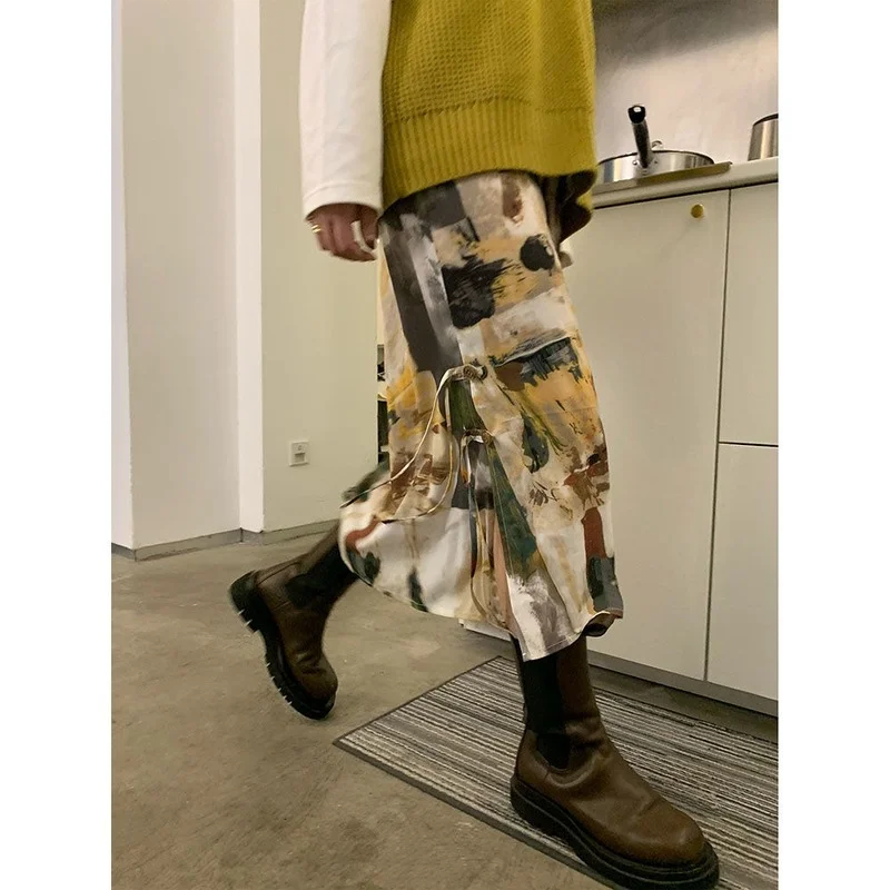 

Skirt Women's Fashion 2023 Art Genre Oil Painting Retro Slit Skirt Women's Spring and Summer High Waist All-match