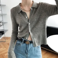 2020 women autumn sweaters knitted short style solid female cardigan purple long sleeve turn down collar single breasted jumpers