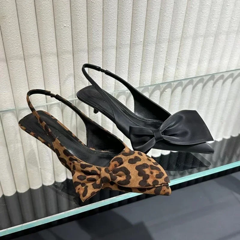 Сандалии женские с леопардовым принтом босоножки бантом и острым носком
