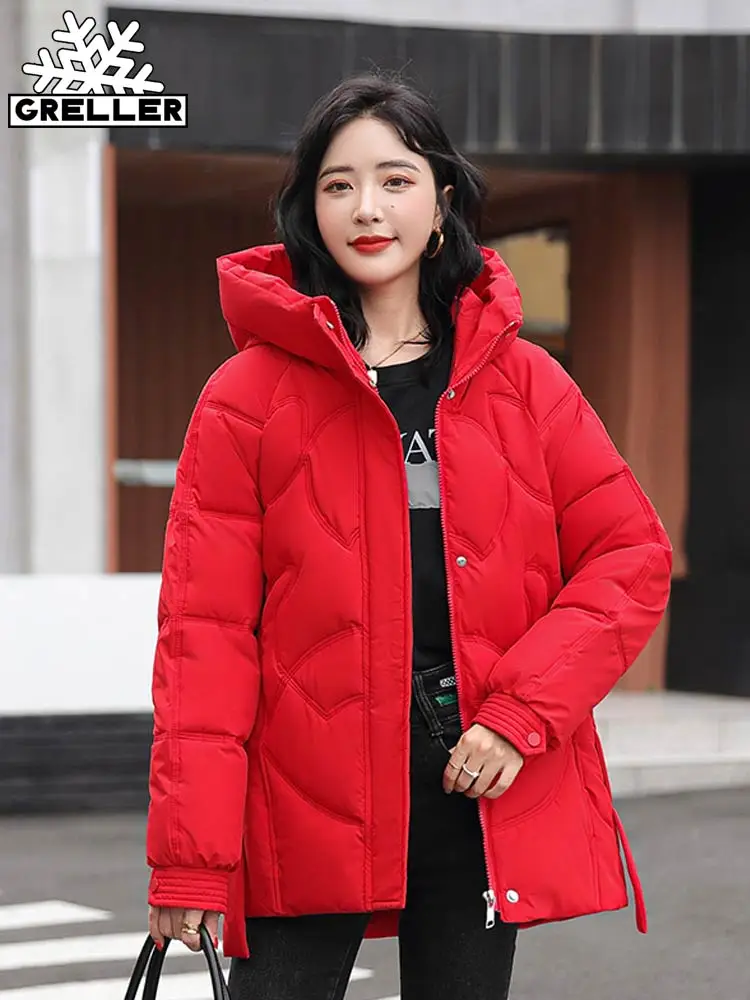 

GRELLER Korean 2022 Women Winter Parka Hooded Cotton Padded Oversized Loose Warm Thicken Coat Solid Winter Puffer Jacket Clothes