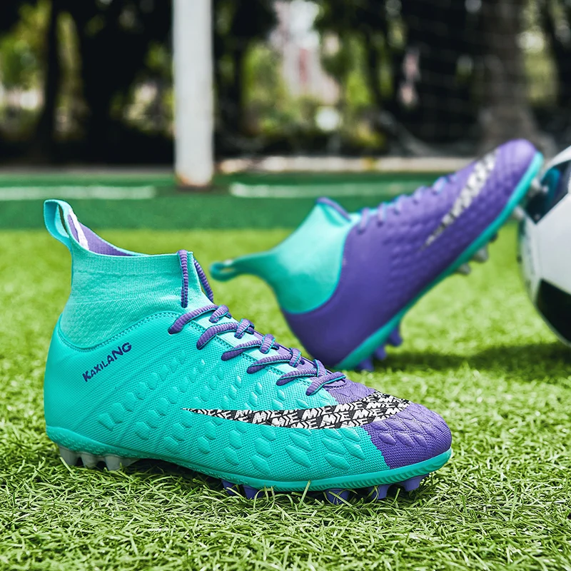 QQ-2099 Ultralight Mens Soccer Shoes Non-Slip Turf Soccer Cleats for Kids High-top TF/FG Training Football Boots Chuteira Campo