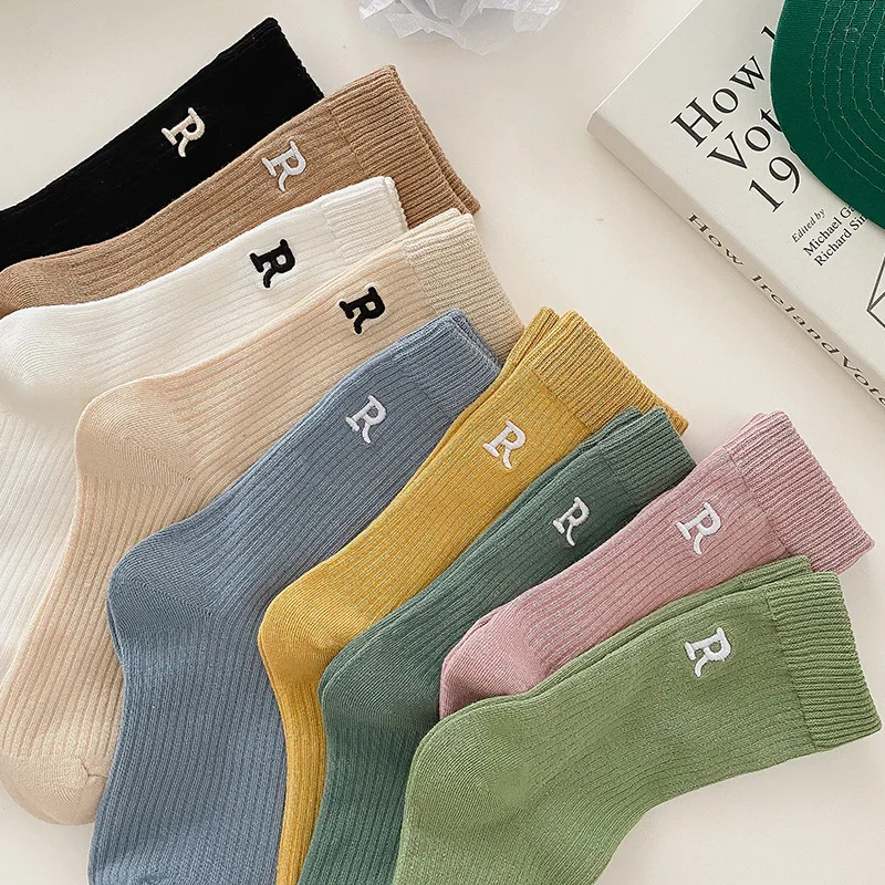

New Sport Short Harajuku Socks For Women R Letter Embroidered Girls Cute Casual Female Cool Skateboard Cotton White Socks Kawaii