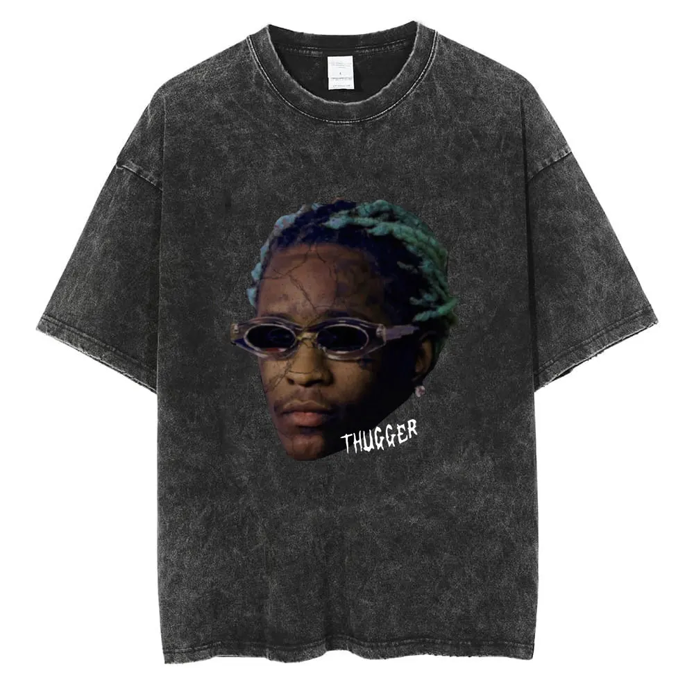 

Hip Hop Rapper Young Thug Thugger Graphic T Shirts Wash Vintage T-shirt Oversized Streetwear Black Ash Washing Short Sleeve Tees