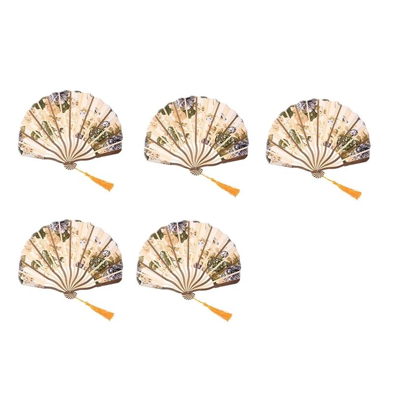 

5 Pcs Classic Style Peony Flower Fabric Bamboo Folding Dance Hand Fan Beige