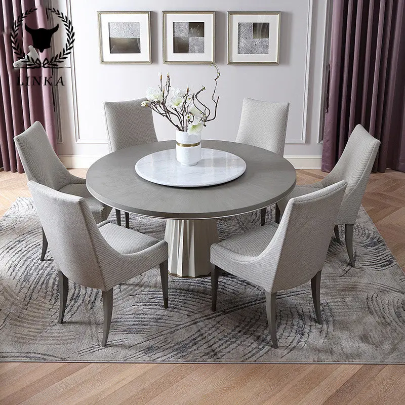 

American light luxury solid wood round dining table modern minimalist marble turntable dining table and chair combination