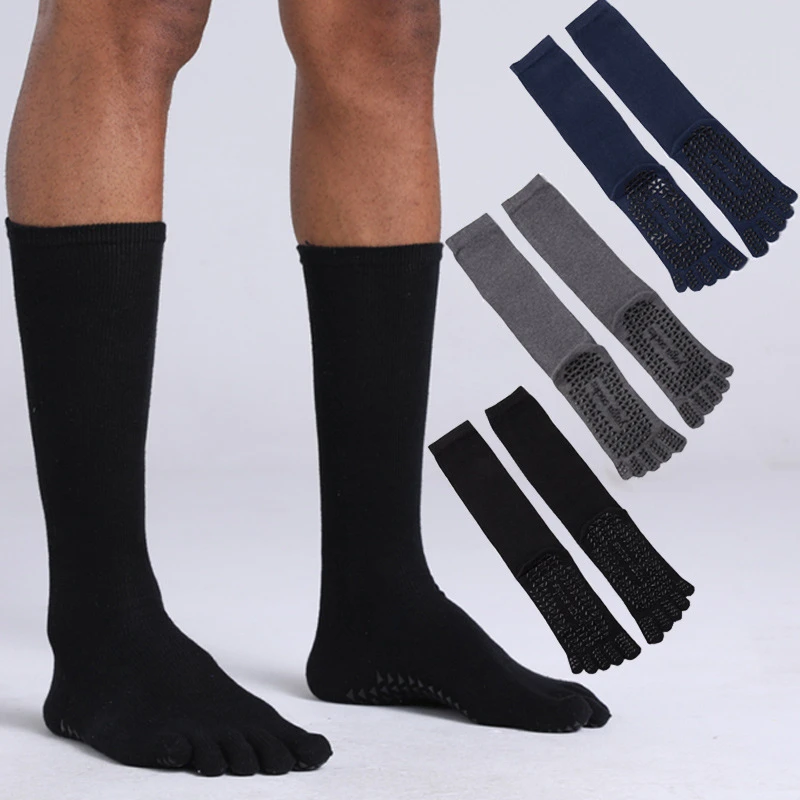 3 Pairs/Mens Socks Men Cotton Silica Yoga Anti-skid Solid Color Long Five Finger Toe Socks Football Running Cycling Sports Socks