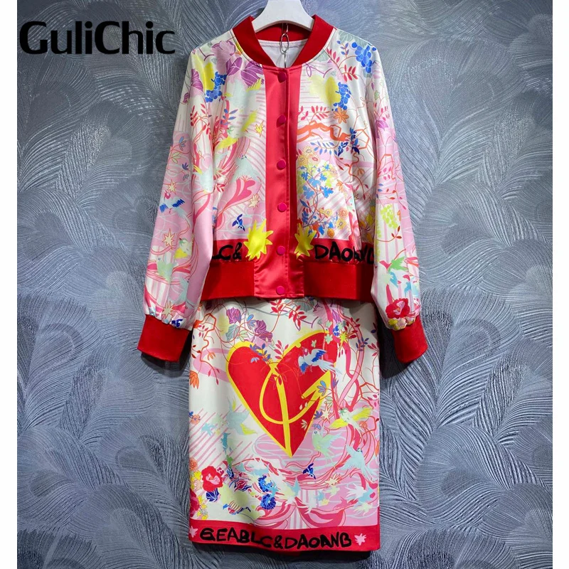 

8.31 GuliChic Women Fashion Multicolor Print Skirt Sets Stand Collar Patchwork Single Breasted Jacket + High Waist Midi Skirt