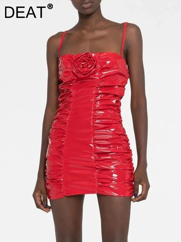 

DEAT Fashion Women's Dress Slim Thin Strap Three-dimensional Flower Paint Finish Folds Waist Red Dresses Summer 2023 New 17A9354