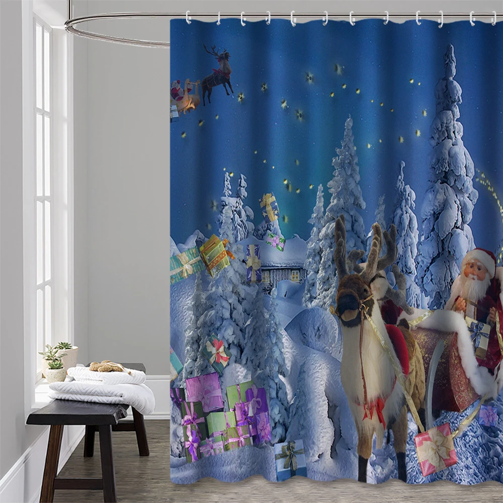 

Nature Forest Snowy Scenery Shower Curtain Santa Claus Xmas Reindeer Farmhouse Bathroom Decor Waterproof Bath Curtains with Hook