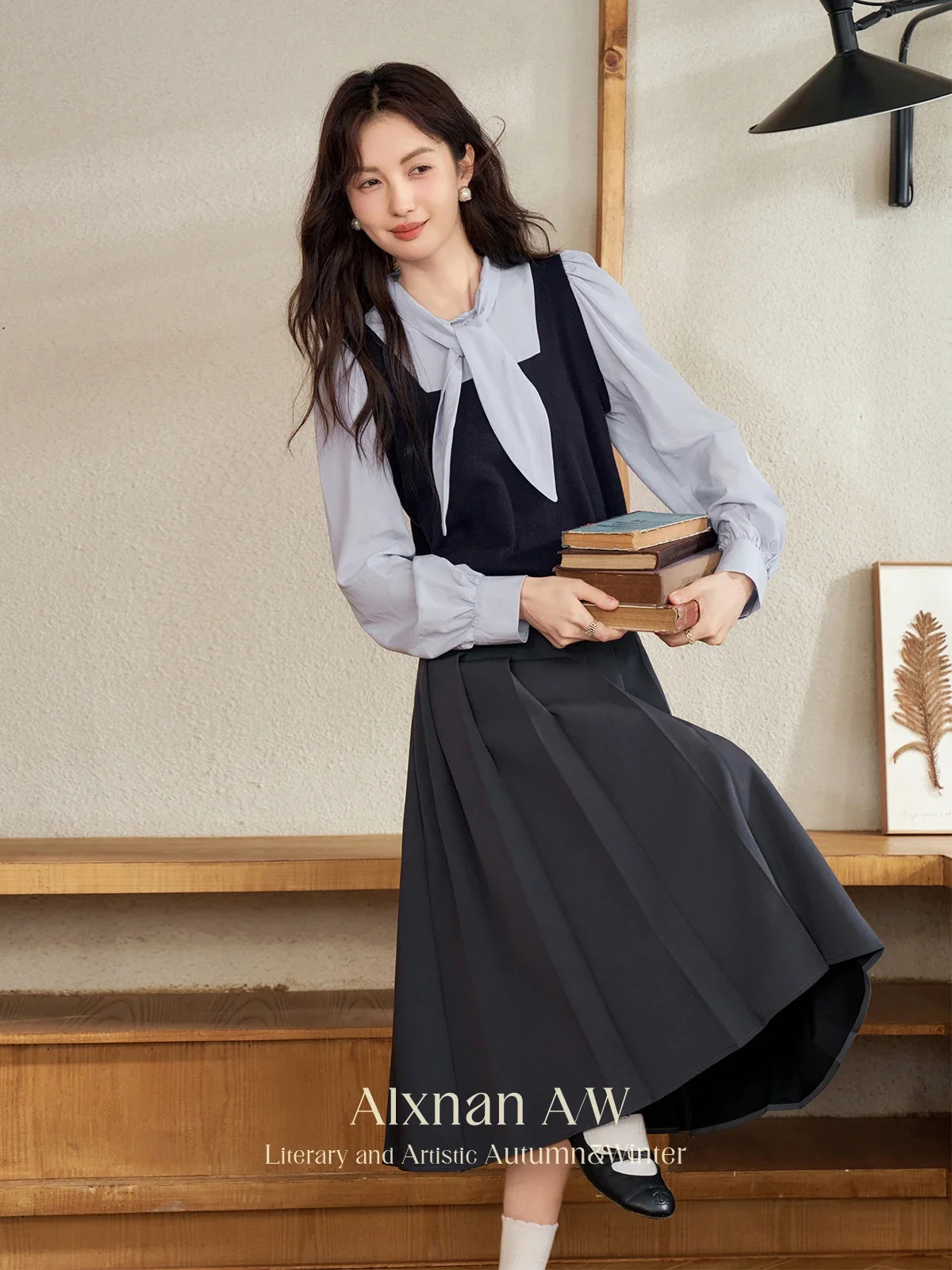 ALXNAN Frenchy Fake 2-х предметный пуловер для женщин нежный свитер на шнуровке с бантом и