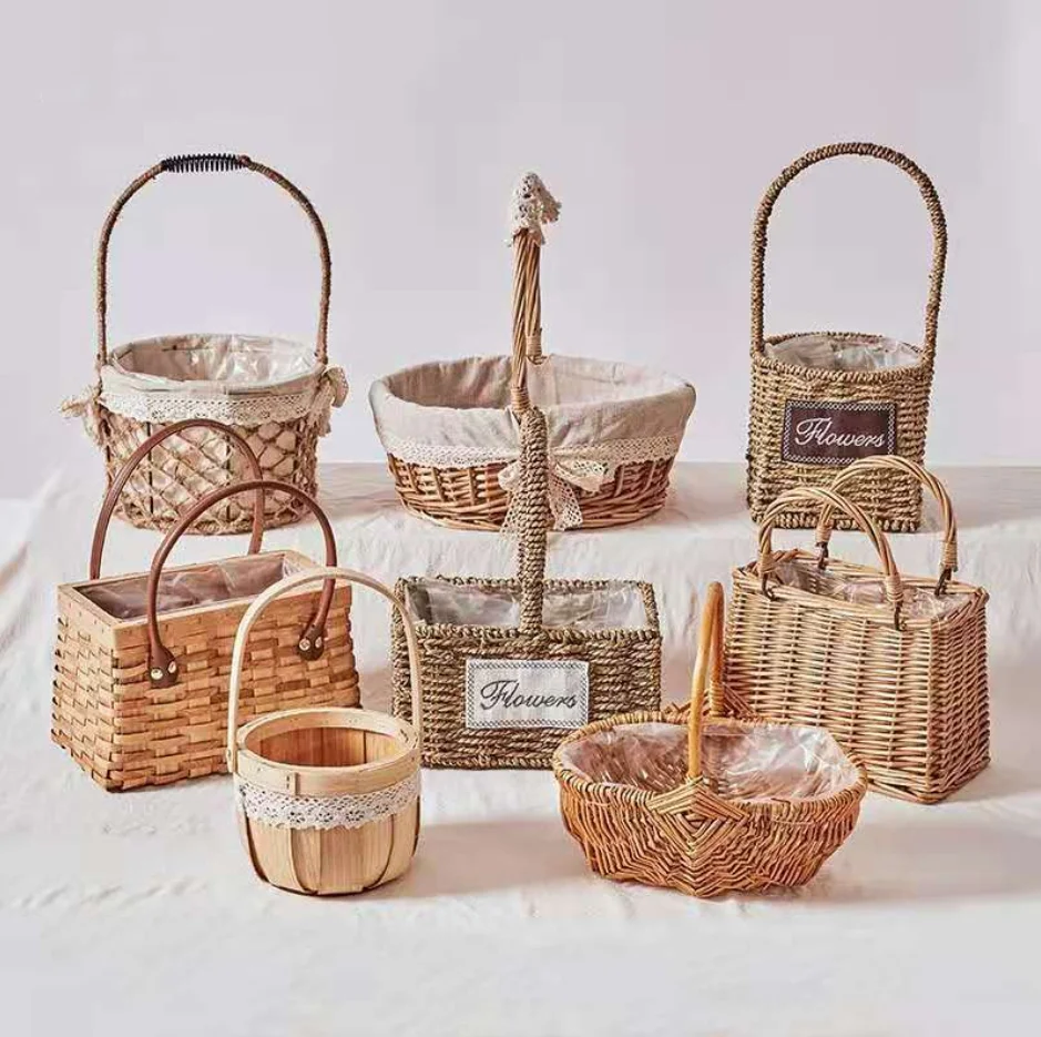 

Hand-woven Rattan Wicker Basket with Handle Cosmetic Fruit Tea Snack Bread Storage Box Picnic Basket Kitchen Storage Basket