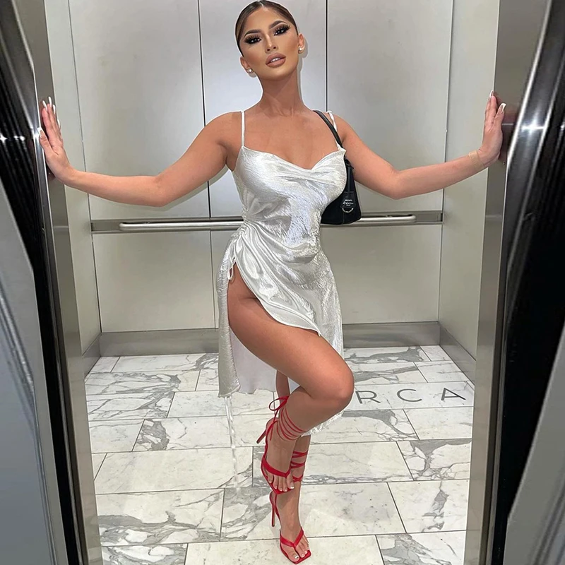 

Women Clothing Summer 2022 Dress Vintage Long Ladies Outfit Up Chun New Wear Sling Irregular Female Sexy Satin Print Polyester