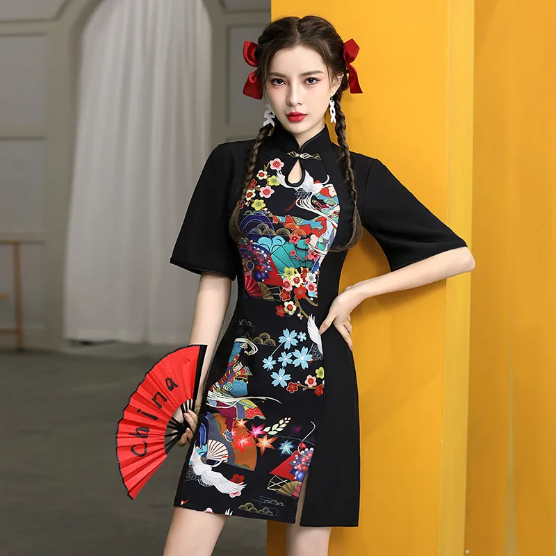 

Cheongsam Skirt 2022 New Women'S Short Section Improved Black Young Bridesmaid Dress Chinese Style Sexy Clothing Korea Japan