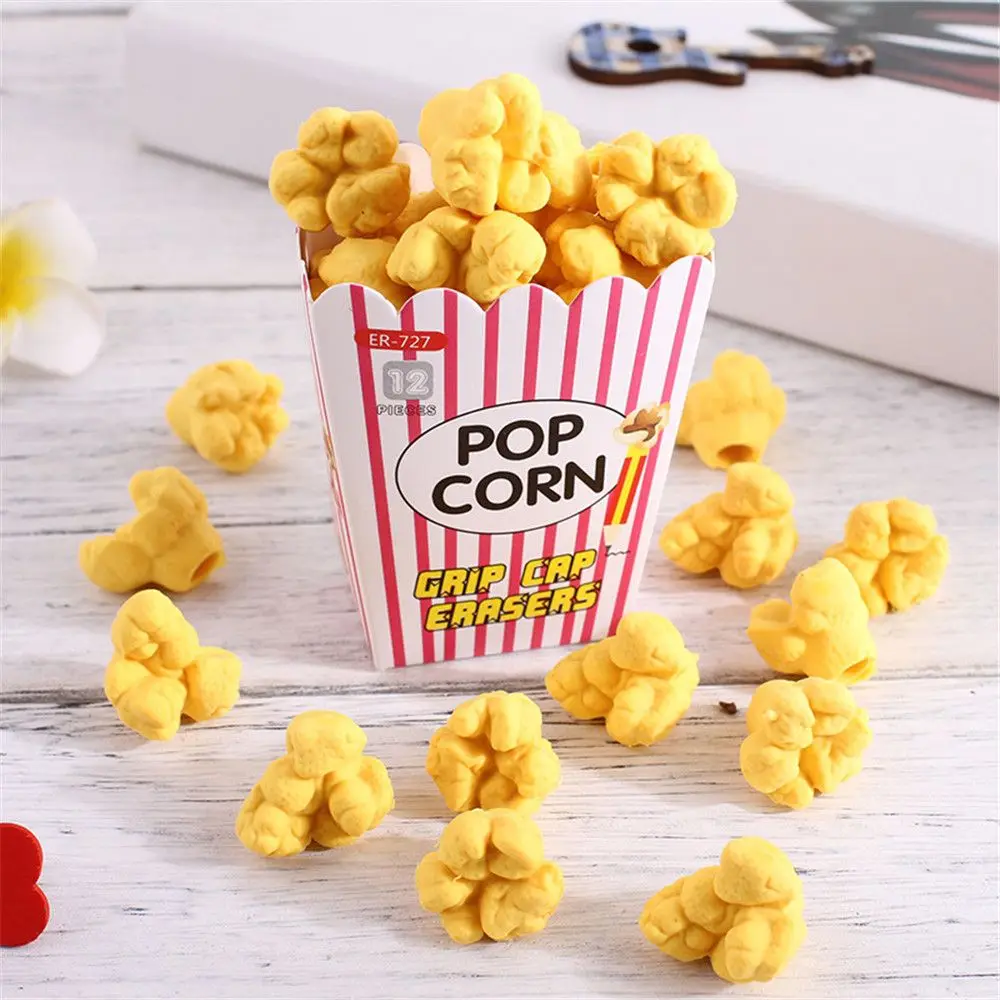 

12pcs/box Cute Erasers Kawaii Stationery Pencil Rubbers Popcorn Shape Kawaii Eraser for Kids Office School Correction Tool Toys