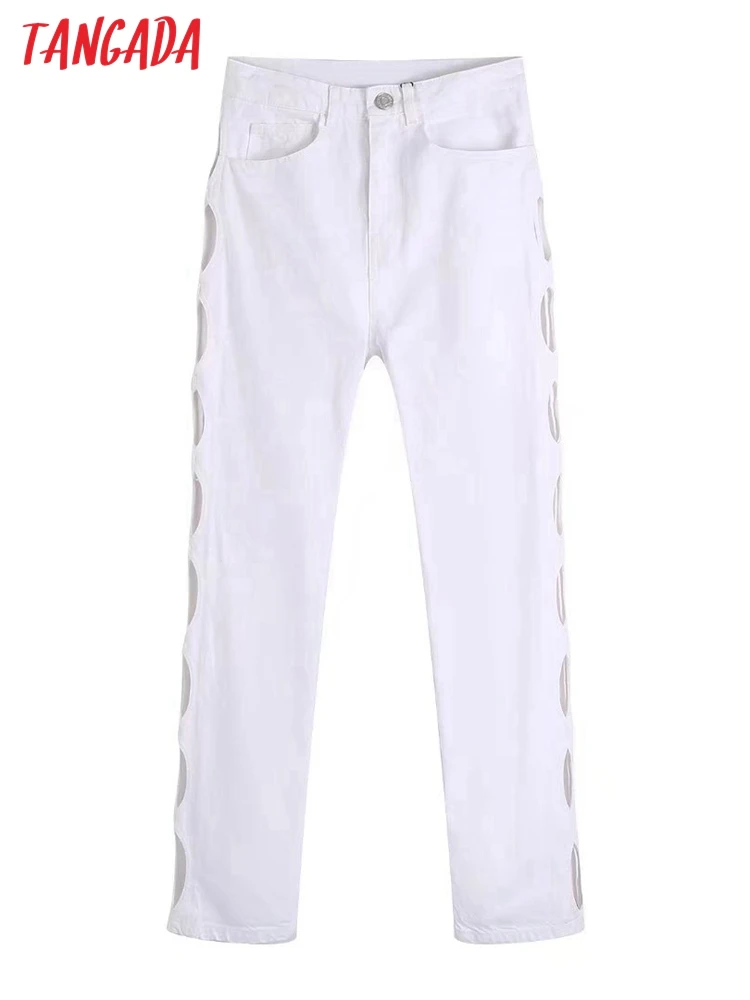 

Tangada 2022 Fashion Women White Hollow Slim Jeans Pants Long Trousers Pockets Buttons Female Denim Pants BE188