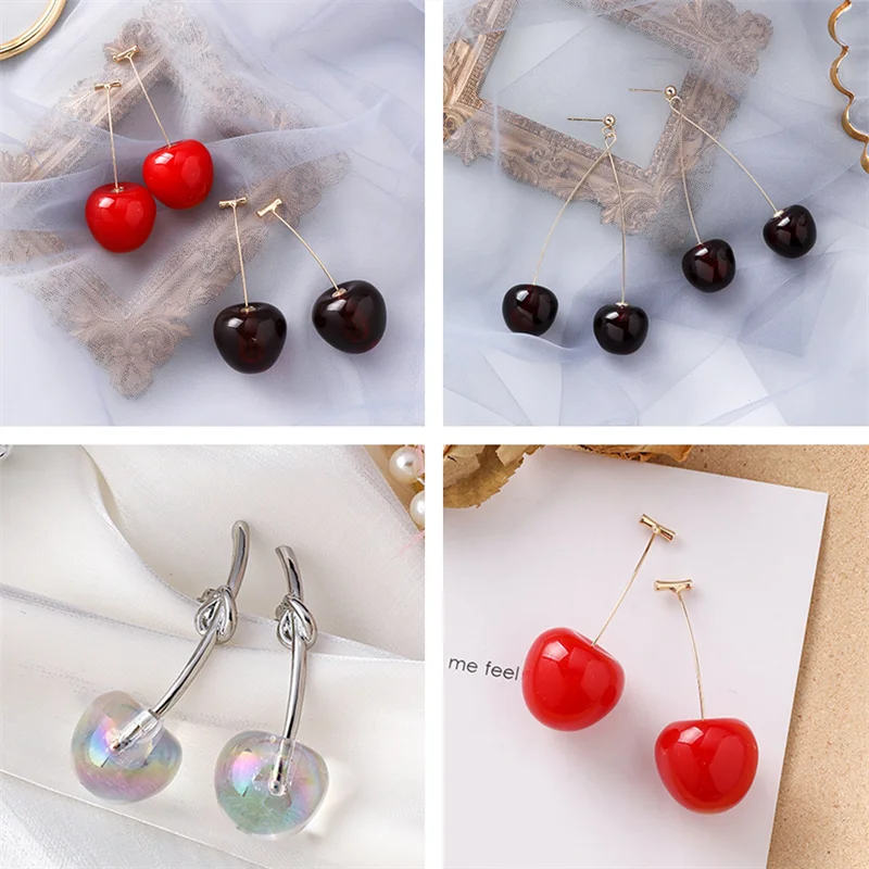 

S925 Sterling Silver Needle Burgundy Cherry Earrings New Cute Fruit Long Show Face Thin Earrings Women's Retro Pendant Gift