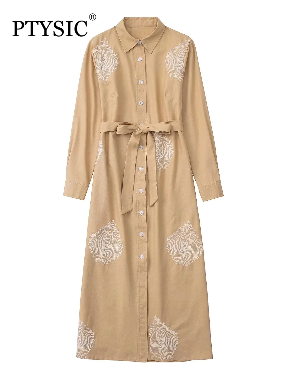 

Стильное женское платье-рубашка с вышивкой, летнее однобортное Повседневное платье с длинным рукавом и бантом, 2022