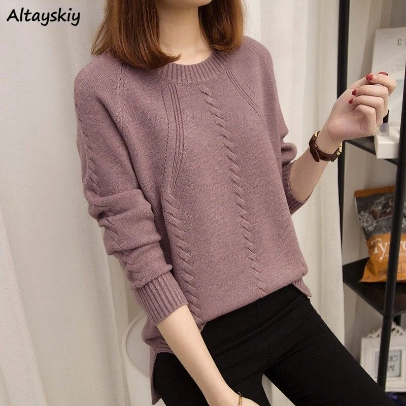 

Pullover Women Solid O-neck Knitted Elegant S-3XL Loose Trendy Daily Korean Side-slit Simple Female Sweaters Chic All-match New