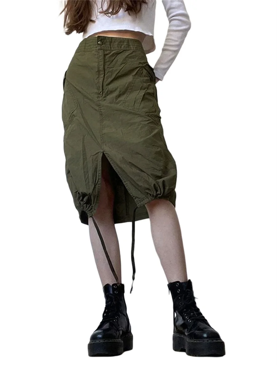 

Women s Long Cargo Skirt Low Waist Drawstring Baggy Maxi Skirt Fairycore Grunge Ruched Flower Shape Cutout Fishtail Skirts 90s