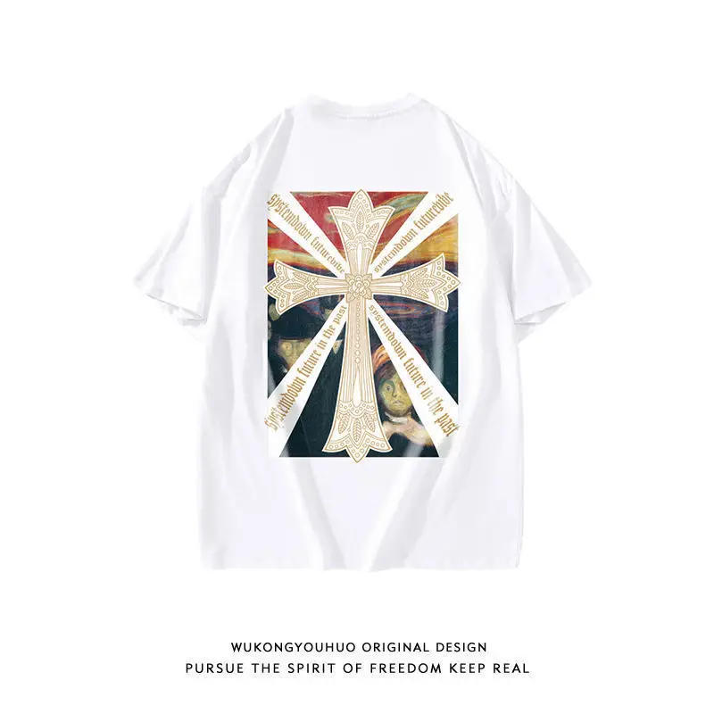 

Мужская хлопковая футболка с коротким рукавом, черная уличная футболка в стиле хип-хоп, с перекрестным светом, в стиле Харадзюку, 2022