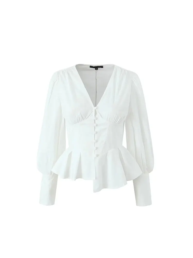 Женская винтажная рубашка с длинным рукавом V-образным вырезом и оборками