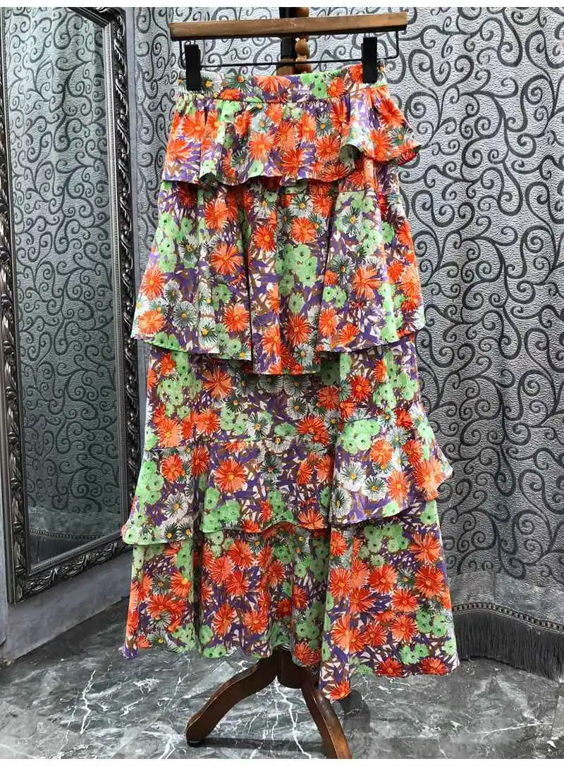 New 2022 Summer Long Skirts High Quality Women Elegant Flower Prints Cascading Ruffle Deco Casual Long Maxi Skirt Clothes