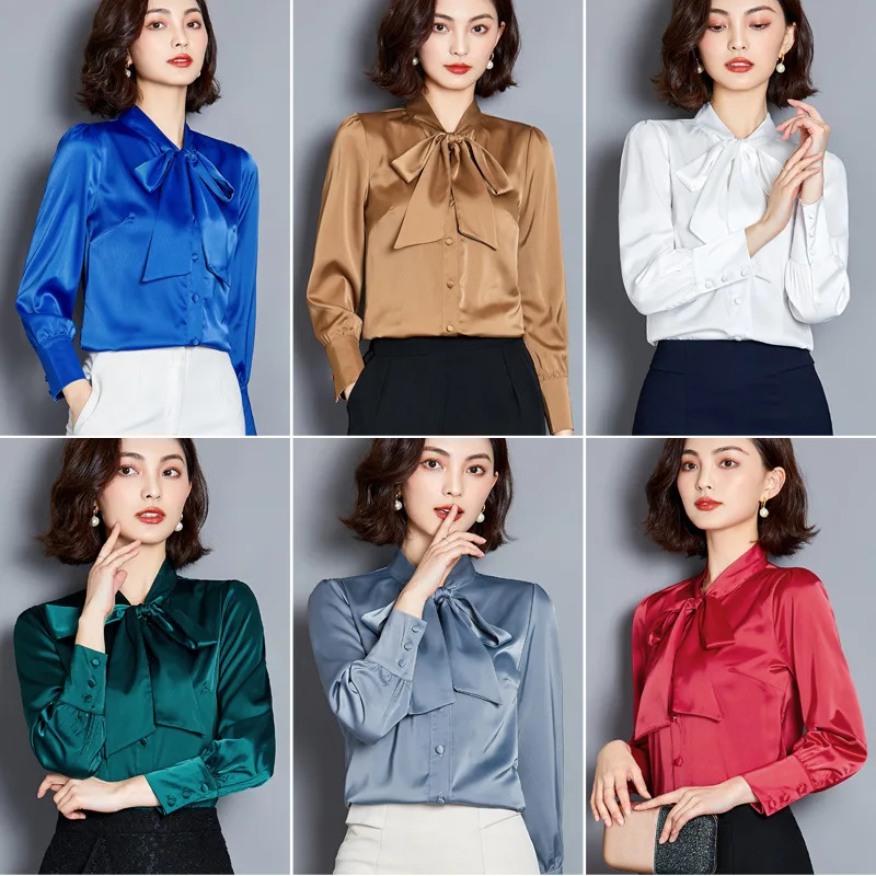 2022 Versatile Fashion Bow Shirts Women Summer Long Sleeve Casual Tops and Shirts Elegant Formal Ladies Workwear Shirts