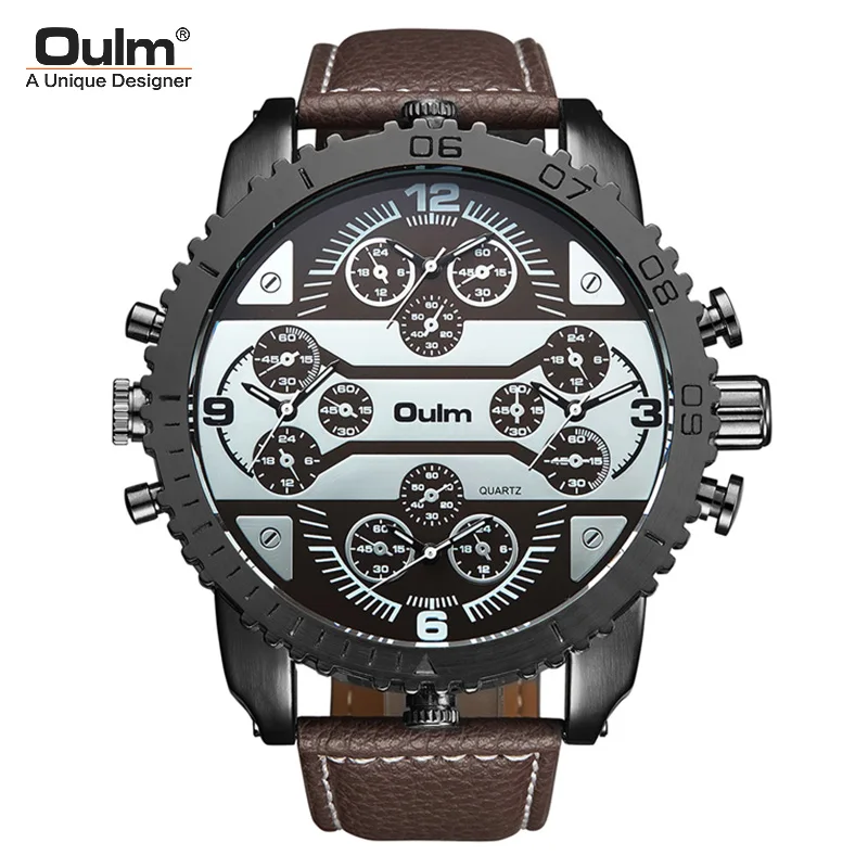 

OULM Mens Watches Top Brand Fashion Design Multiple Time Zone Leather Casual Quartz Luminous Watch Montre Homme Marque Grosses