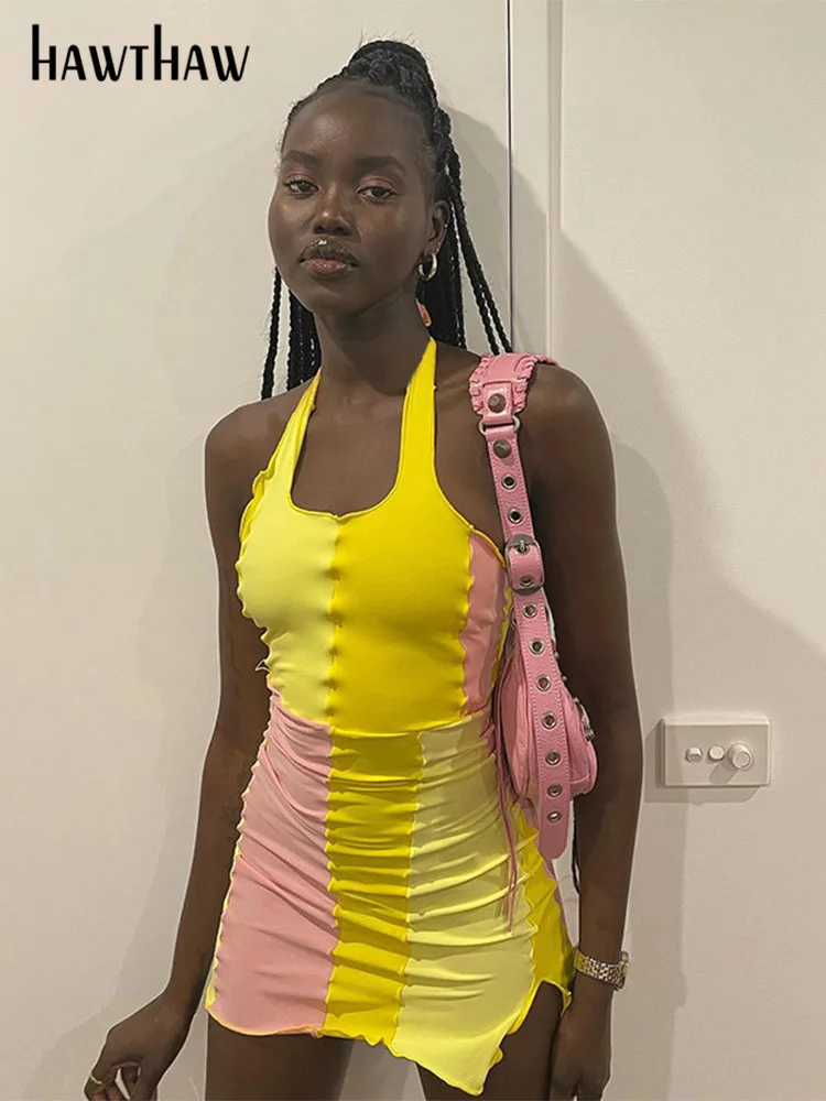

Hawthaw Women Fashion Halter Sleeveless Patchwork Bodycon Color Block Mini Dress 2022 Summer Clothes Dropshipping Streetwear